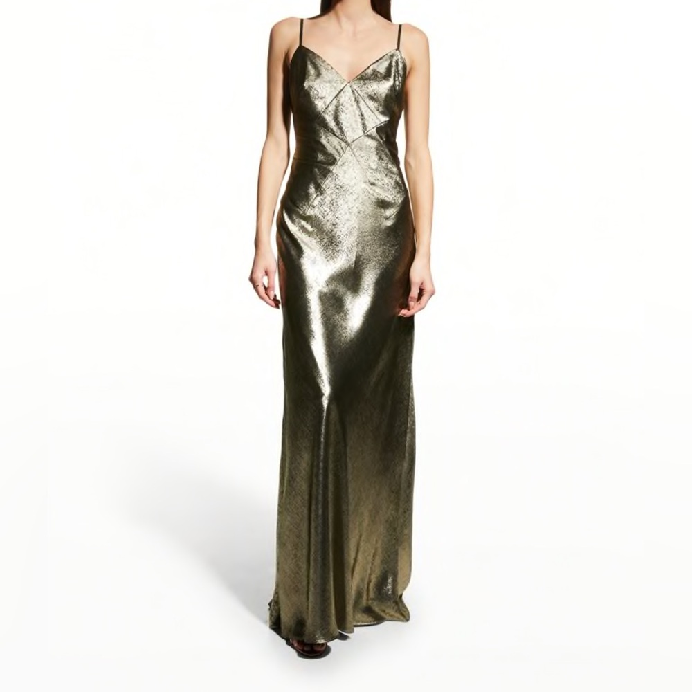 NWT Aiden Mattox v-neck foiled bias gown
